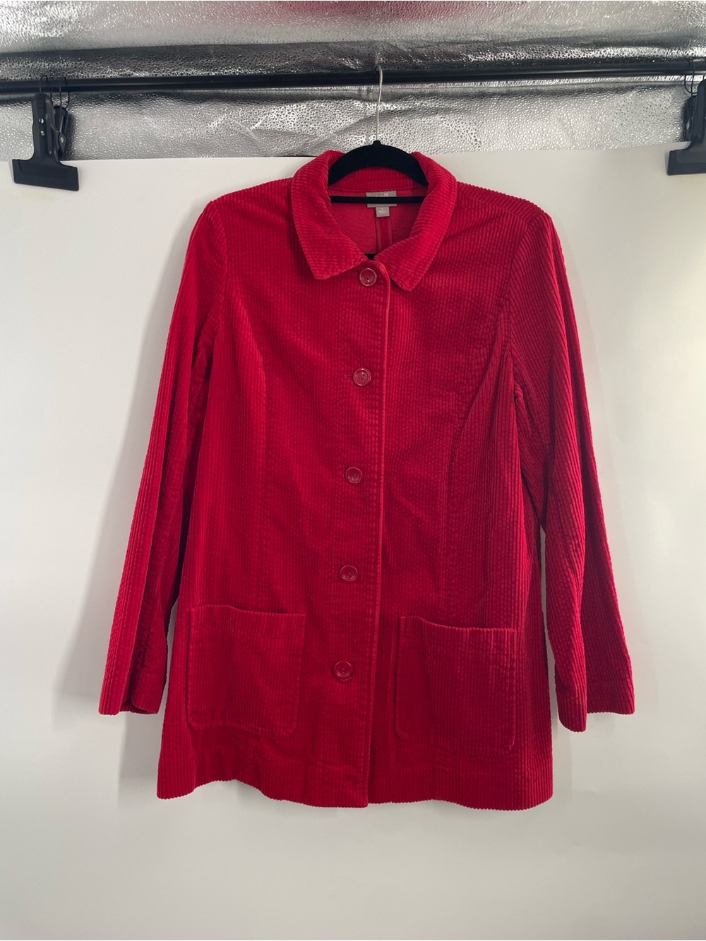 J. Jill Bright Red Corduroy Button-Front Jacket Oversized Layering Piece